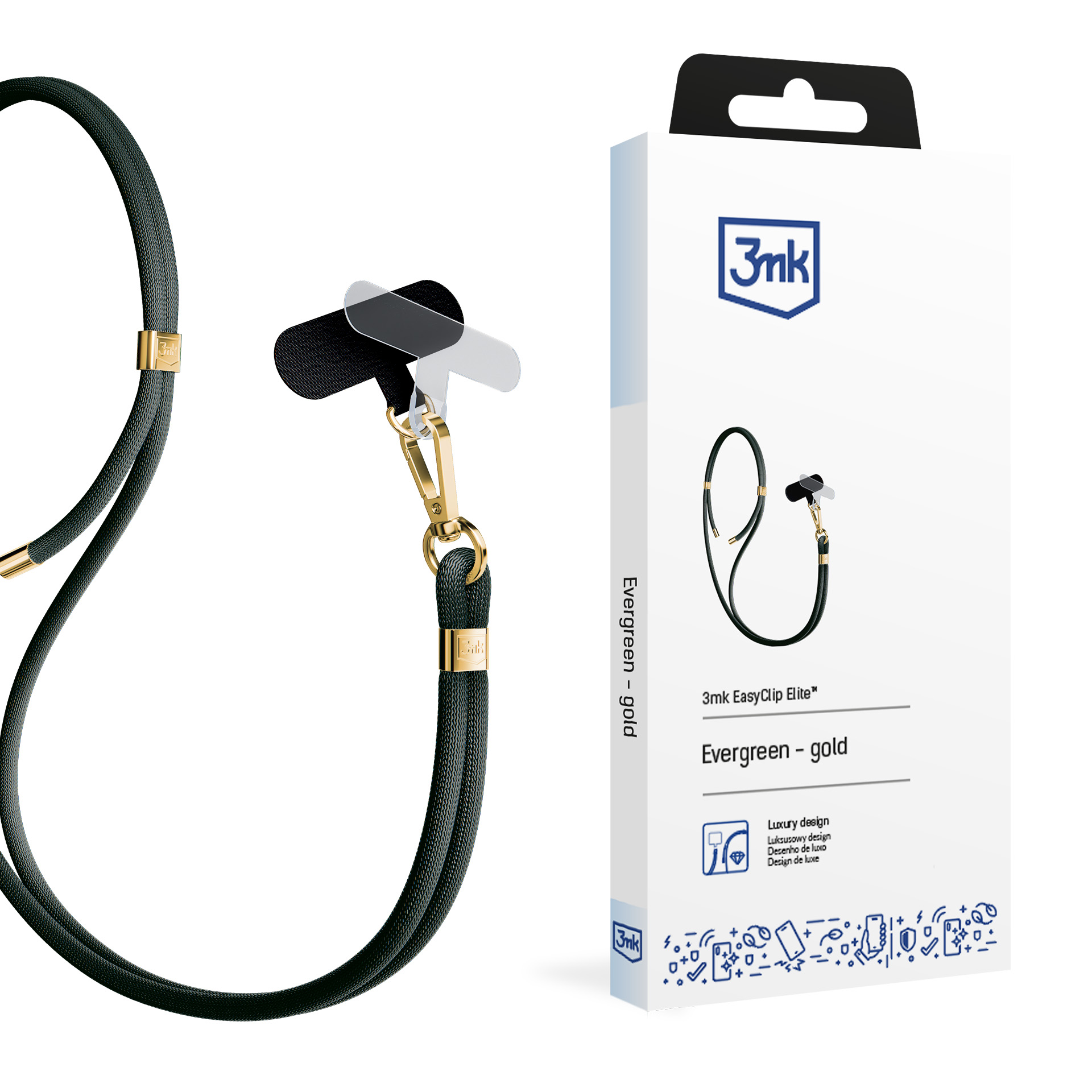 3mk EasyClip Elite puhelimen kaulahihna, Evergreen (kultaiset osat)