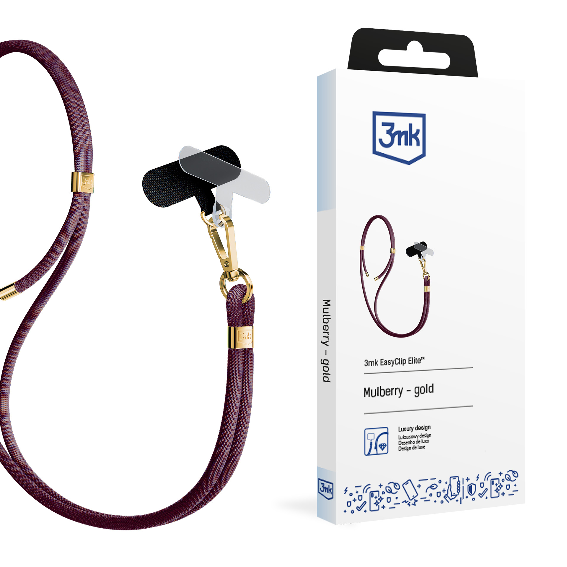 3mk EasyClip Elite puhelimen kaulahihna, Mulberry (kultaiset osat)