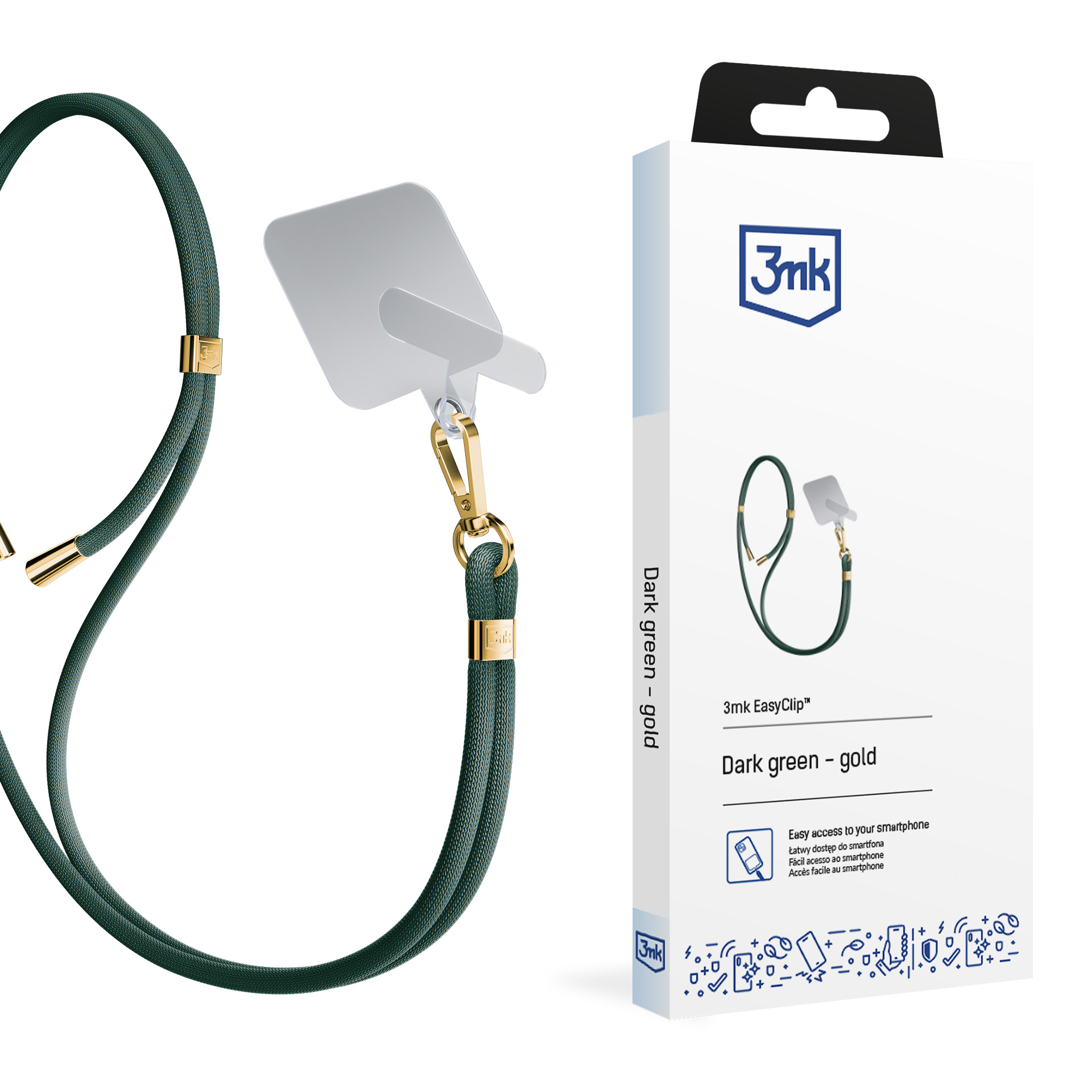 3mk EasyClip puhelimen kaulahihna, tummanvihreä (kultaiset osat)