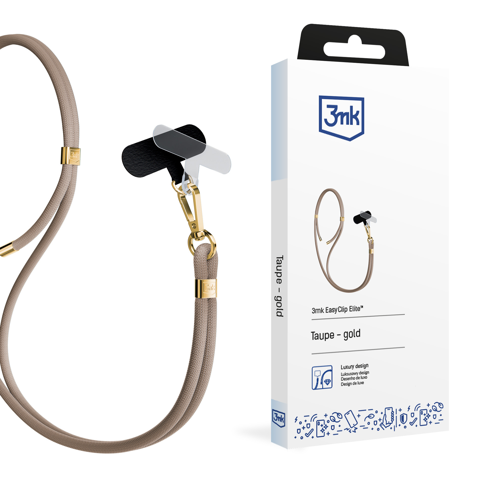 3mk EasyClip Elite puhelimen kaulahihna, Taupe (kultaiset osat)