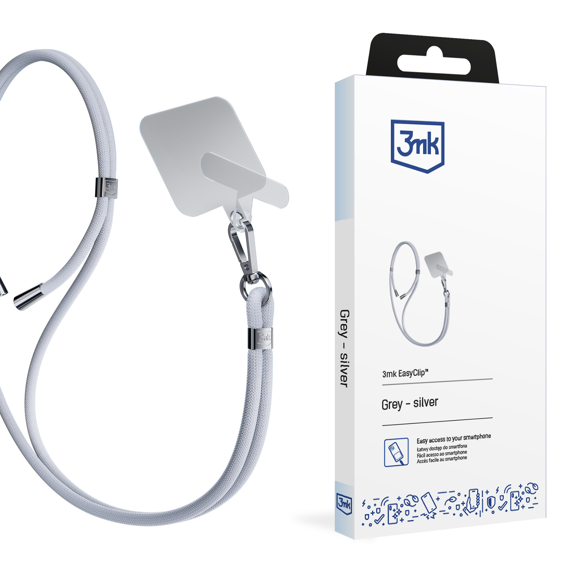 3mk EasyClip puhelimen kaulahihna, harmaa (hopeanväriset osat)