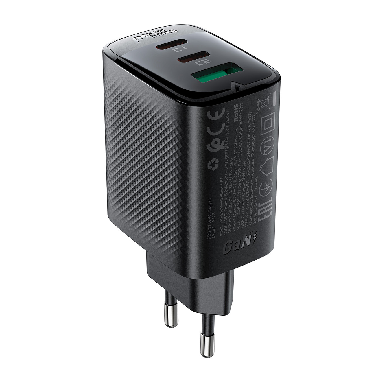 Acefast A108 GaN PD -seinälaturi, 67 W, 2 × USB-C, 1 × USB-A, musta