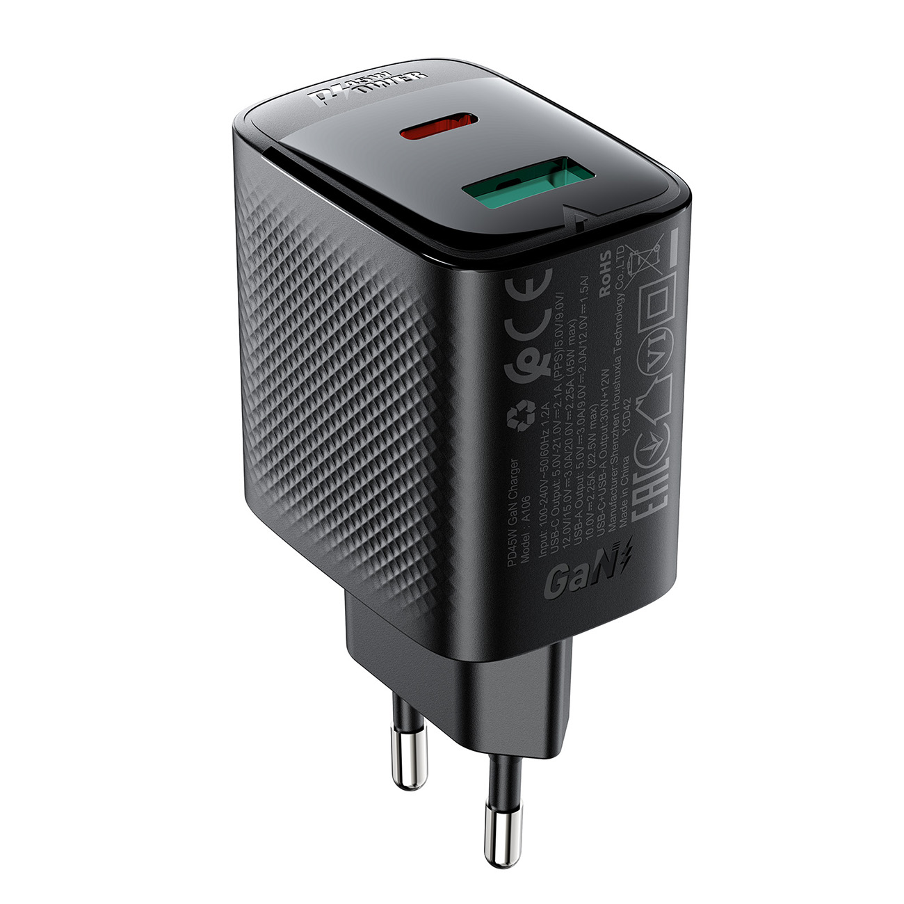 Acefast A106 GaN PD -seinälaturi, 45 W, USB-C, USB-A, musta