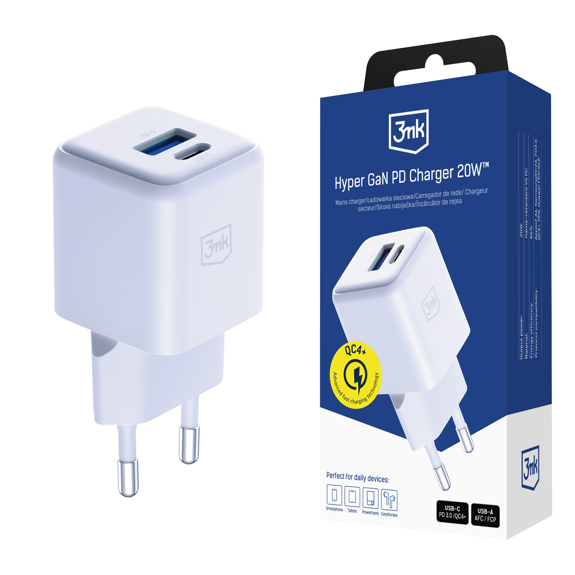 Valkoinen 3mk Hyper GaN -seinälaturi, 20 W, QC4+/PD/PPS, USB 1A1C, EU