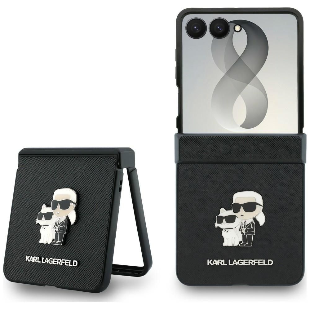 Musta Karl Lagerfeld Saffiano Karl & Choupette Pin -suojakuori Samsung Galaxy Z Flip8 -puhelimelle