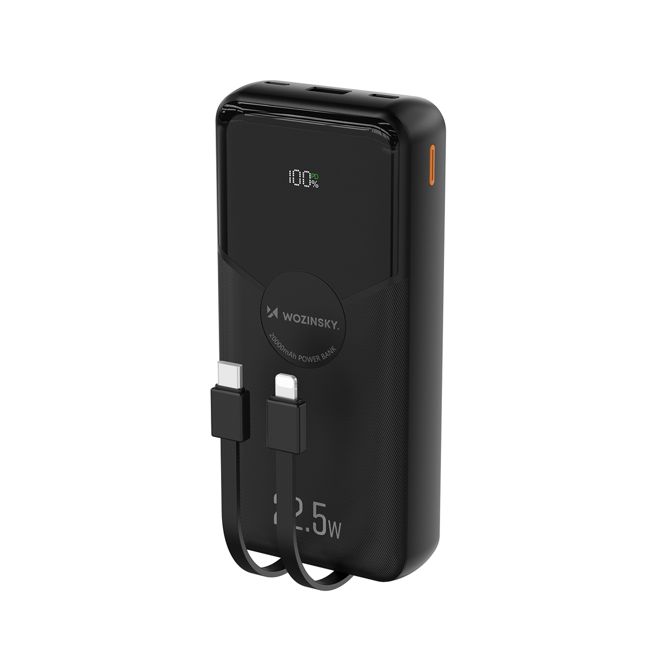 Wozinsky WFC-15B 20000mAh 22.5W varavirtalähde, PD20W, sisäänrakennetut Lightning- ja USB-C-kaapelit, musta