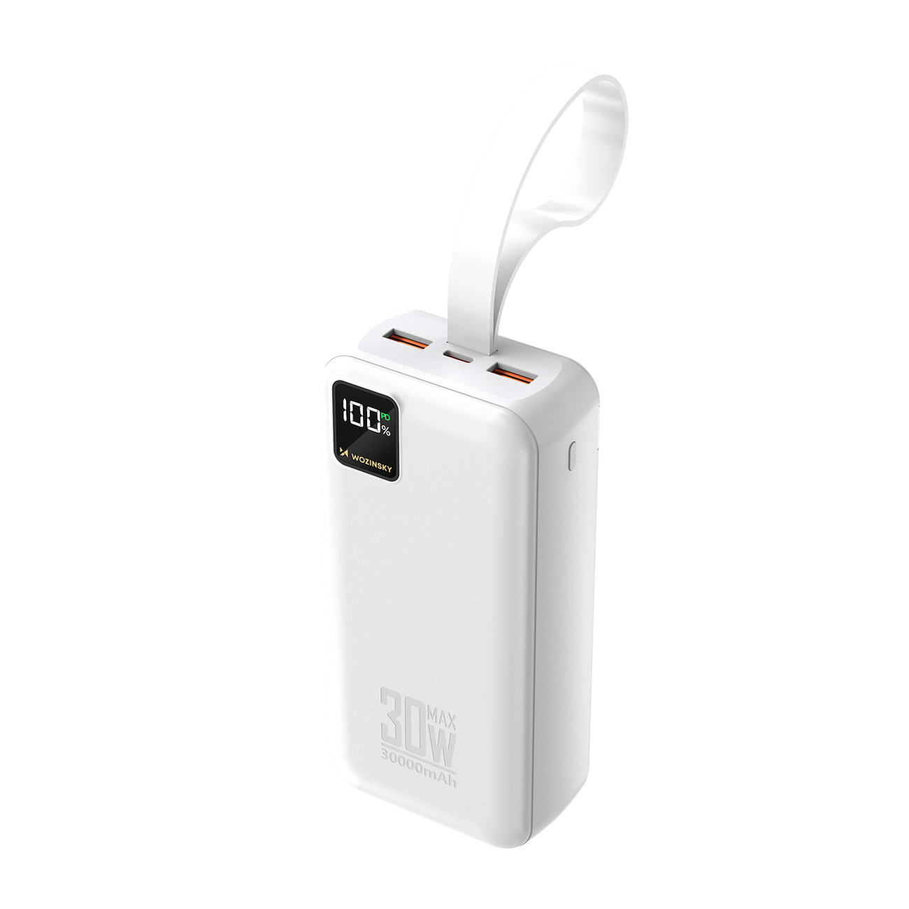 Wozinsky W8-W 30000mAh 30W varavirtalähde, 2x USB-A, USB-C, taskulampulla, valkoinen