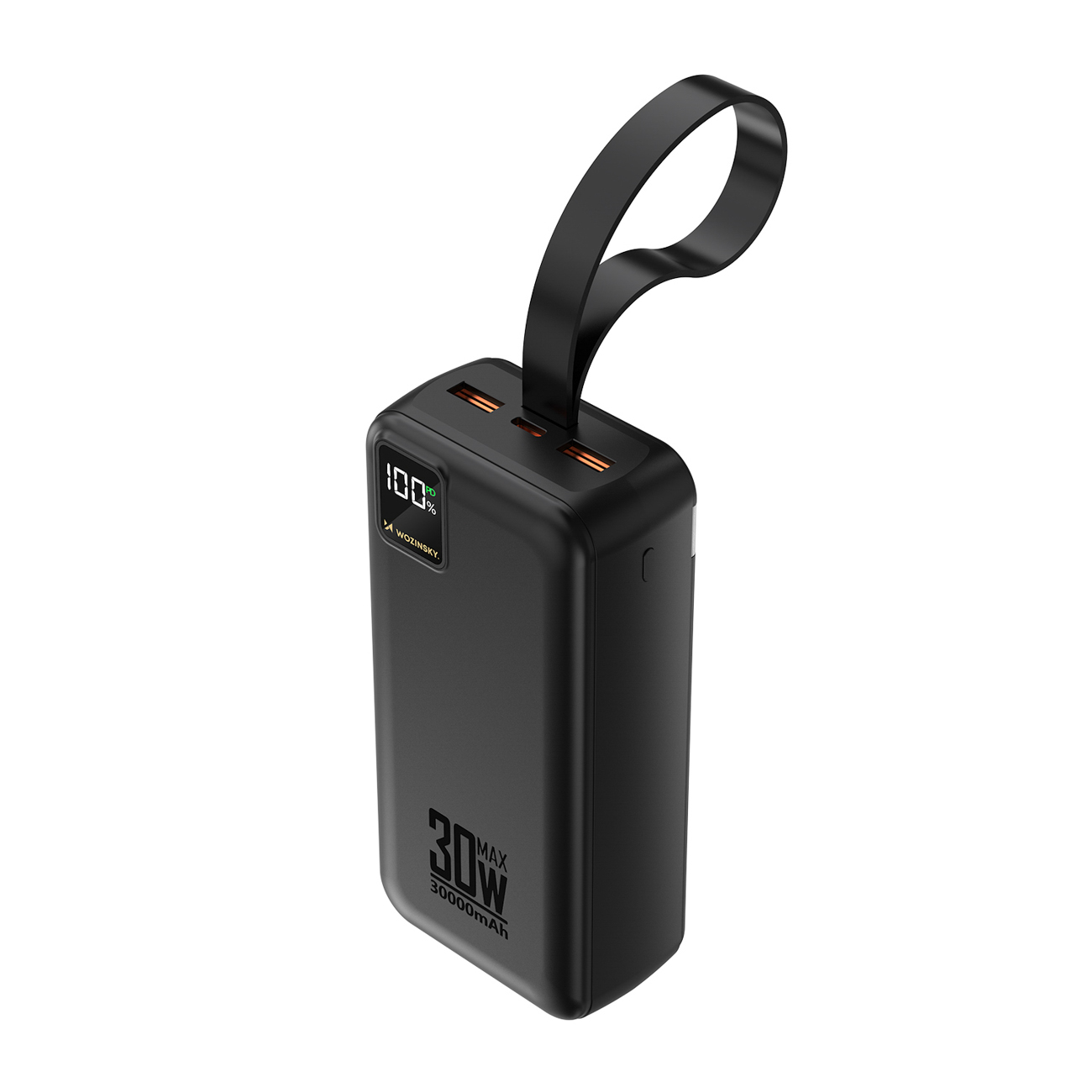 Wozinsky W8-W 30000 mAh 30W varavirtalähde, 2x USB-A, USB-C, taskulampulla, musta