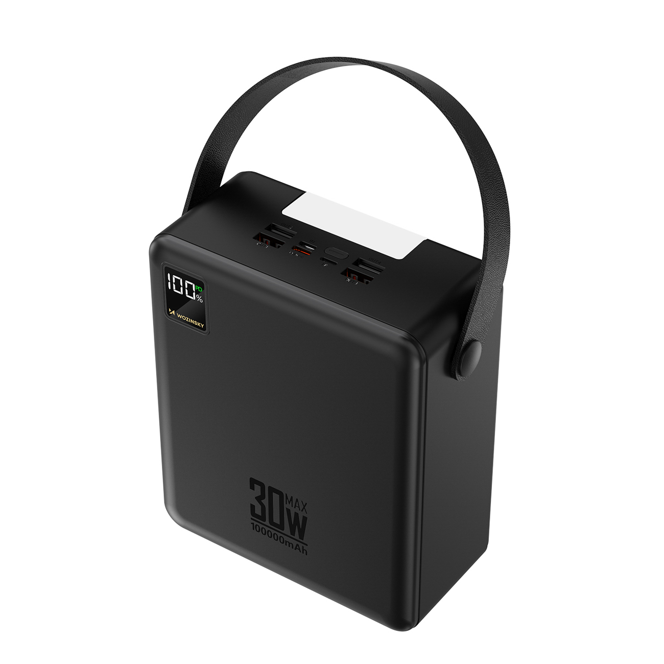 Wozinsky W8-B 100000mAh 30W varavirtalähde, 2xUSB-A, 2xUSB-C, taskulampulla, musta