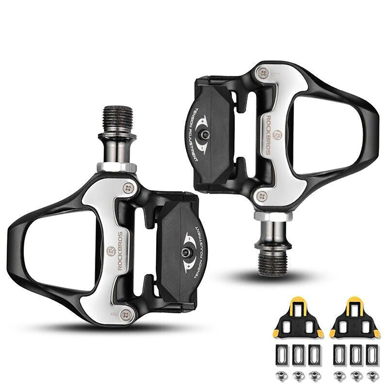 Rockbros LP-RD2BK Shimano SPD-SL -maantiepolkimet keltaisilla klosseilla – väri: musta ja hopea