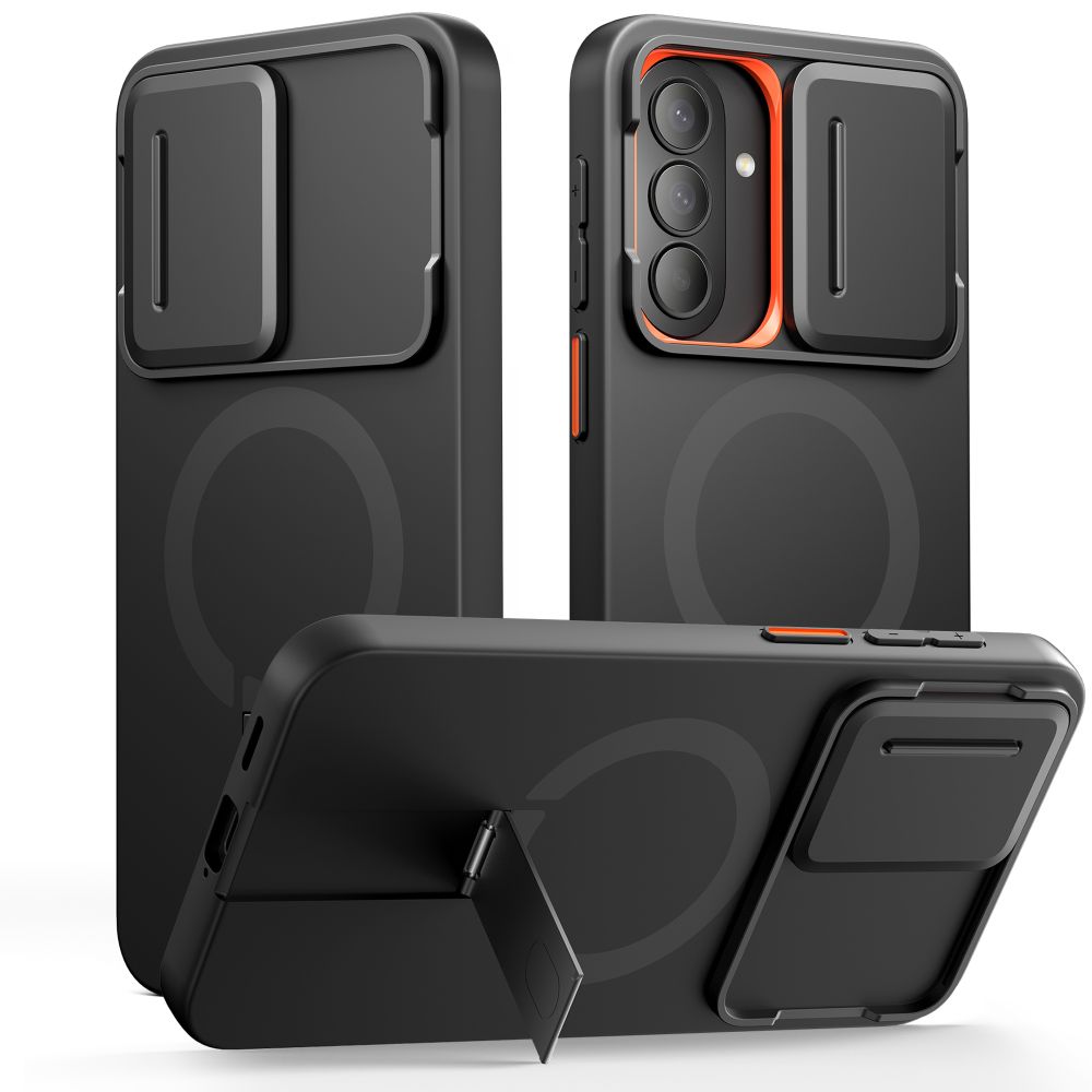 Tech-Protect Kevlar Aura MagSafe -suojakuori Samsung Galaxy A57 -mallille, musta ja oranssi