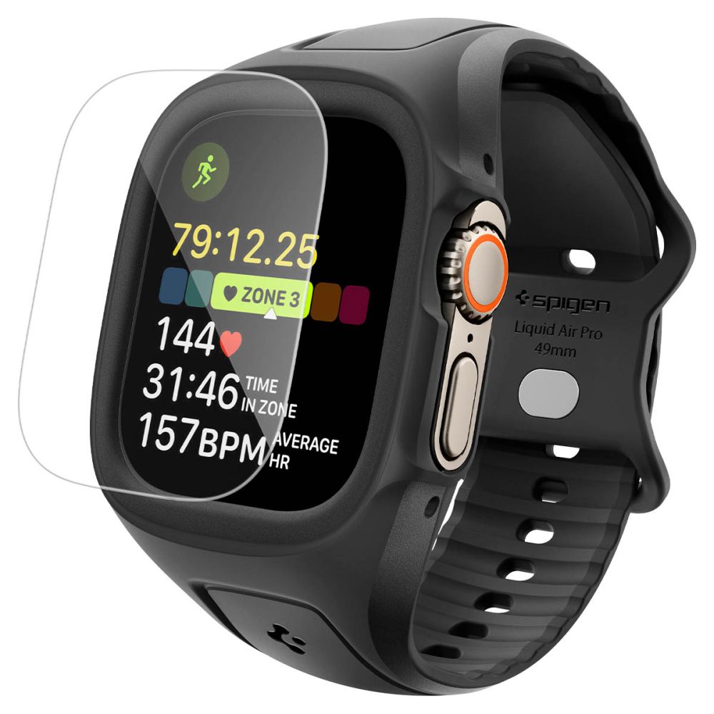 Spigen Liquid Air Pro -suojakuori rannekkeella ja 9H-panssarilasi Apple Watch Ultra 49 mm -mallille, mustat