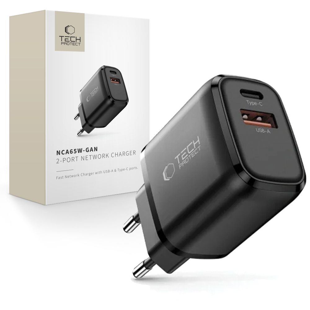 Tech-Protect NCA65W-GAN PD 65 W / QC3.0 2-porttinen seinälaturi, musta