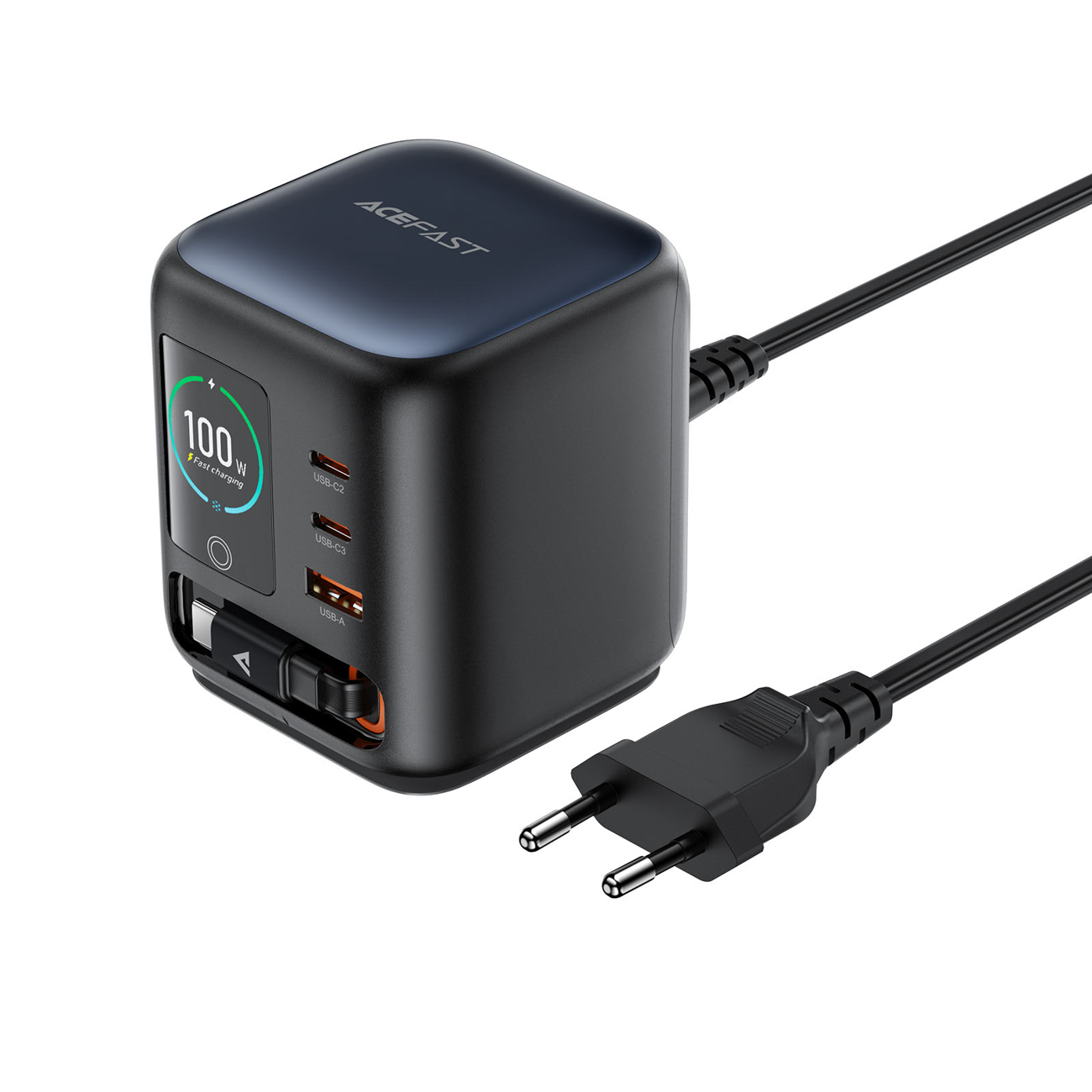 Acefast Z10 GaN 100 W 3 × USB -pöytälaturi sisäänvedettävällä USB-C-kaapelilla ja TFT-näytöllä, musta