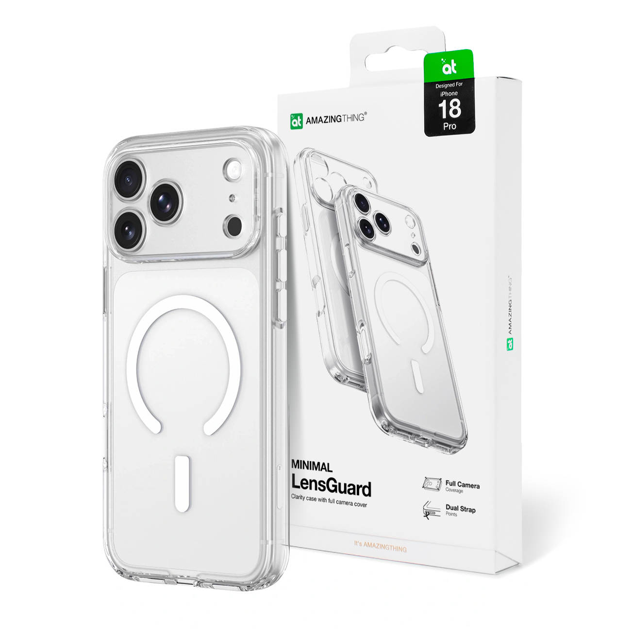 AmazingThing Minimal Mag Lens suojakuori mallille iPhone 18 Pro, kameransuojuksella ja hihnakiinnikkeellä, MagSafe-yhteensopiva – väri: läpinäkyvä