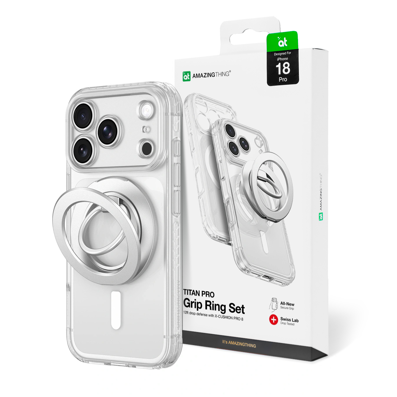 AmazingThing Titan Pro Lens Ring Set suojakuori mallille iPhone 18 Pro, kameransuojuksella ja magneettirenkaalla, MagSafe-yhteensopiva – väri: läpinäkyvä
