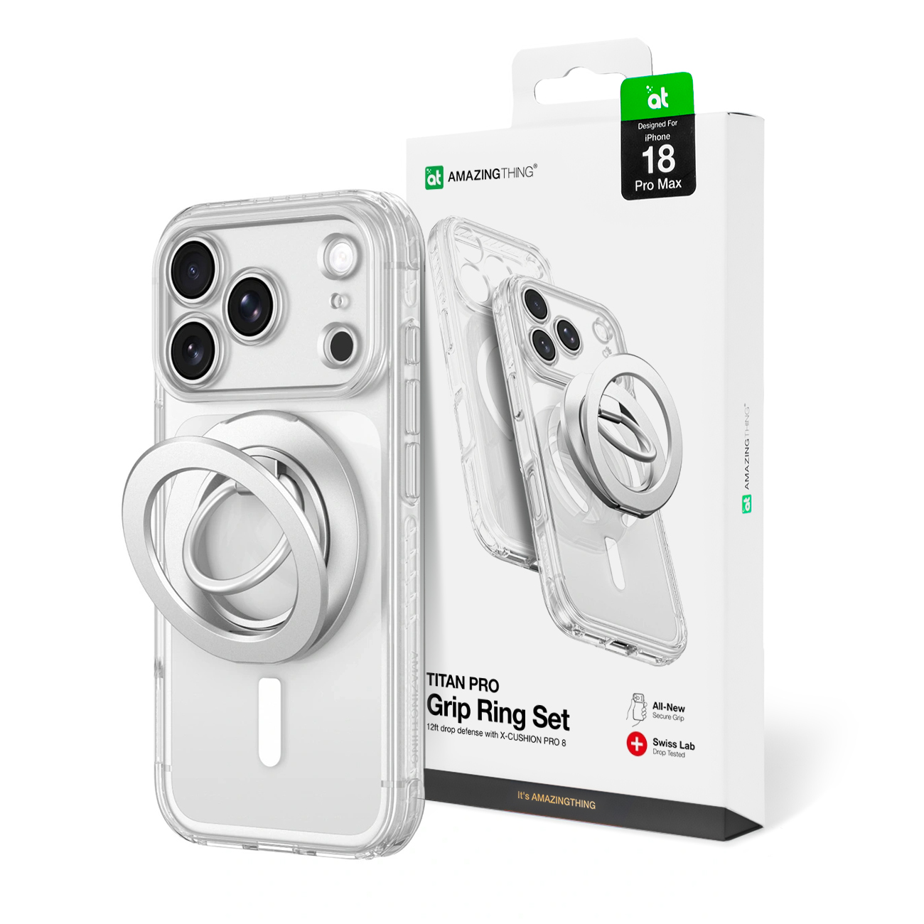 AmazingThing Titan Pro Lens Ring Set suojakuori mallille iPhone 18 Pro Max, kameransuojuksella ja magneettirenkaalla, MagSafe-yhteensopiva – väri: läpinäkyvä