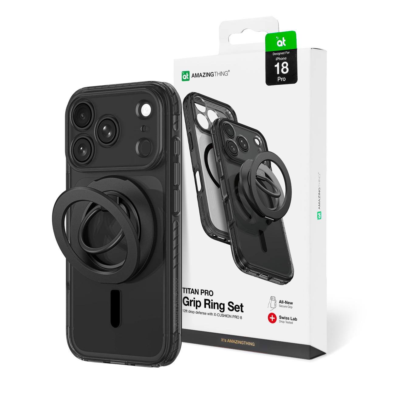 AmazingThing Titan Pro Lens Ring Set suojakuori mallille iPhone 18 Pro, kameransuojuksella ja magneettirenkaalla, MagSafe-yhteensopiva – väri: musta
