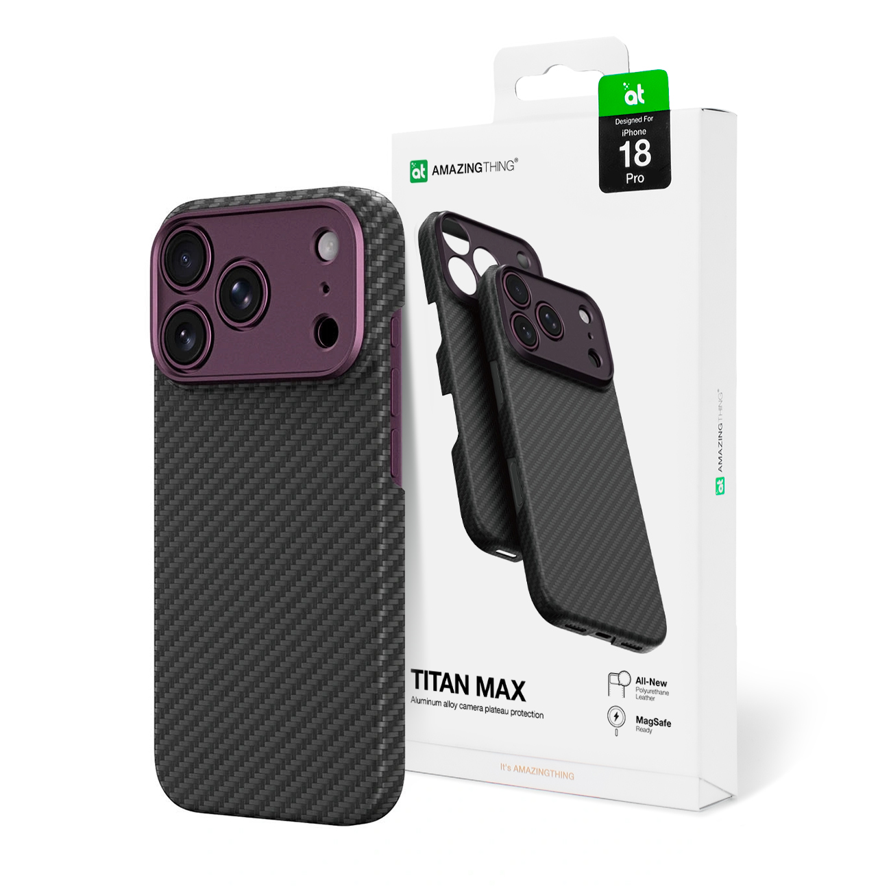 AmazingThing Titan Max Lens suojakuori mallille iPhone 18 Pro, aramidikuitua, kameransuojuksella, MagSafe-yhteensopiva – väri: violetti