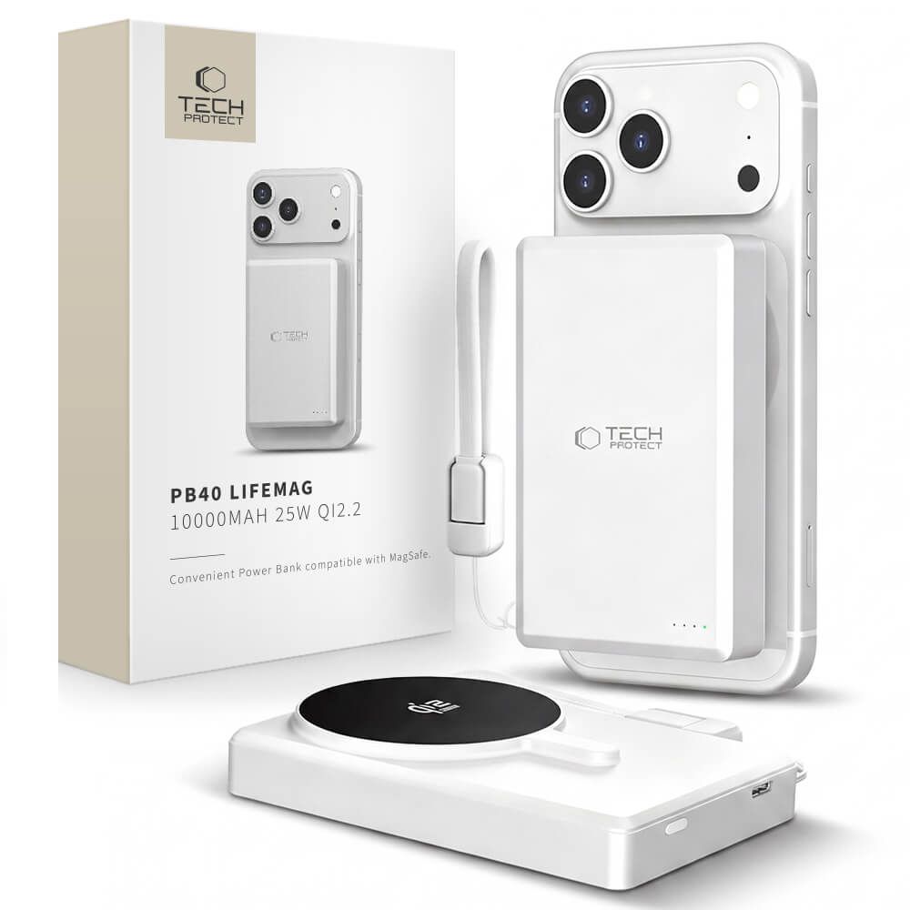 Tech-Protect PB40 LifeMag MagSafe 10000mAh 25W Qi2.2 varavirtalähde, valkoinen ja hopeinen