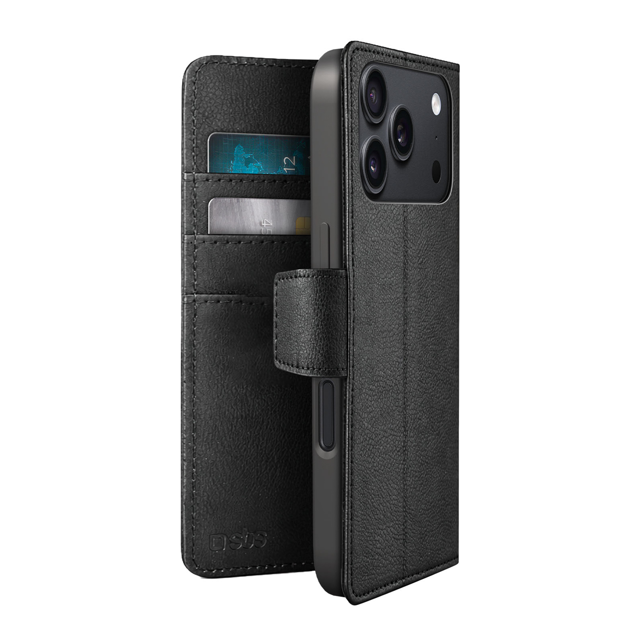 SBS Wallet Classic suojakuori mallille iPhone 18 Pro Max, lompakolla ja jalustalla – musta