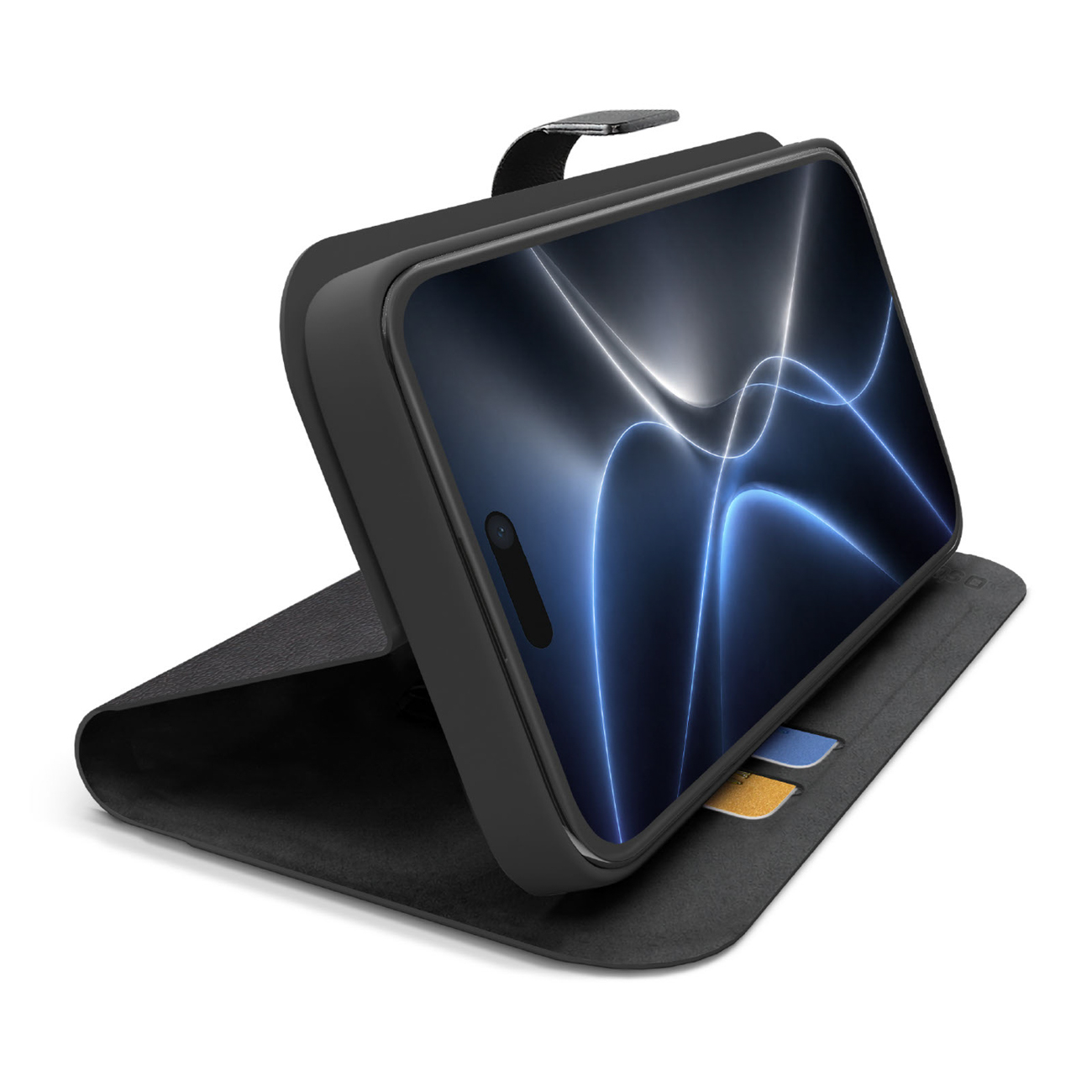 SBS Wallet Smart suojakuori mallille iPhone 18 Pro, lompakolla ja jalustalla – musta