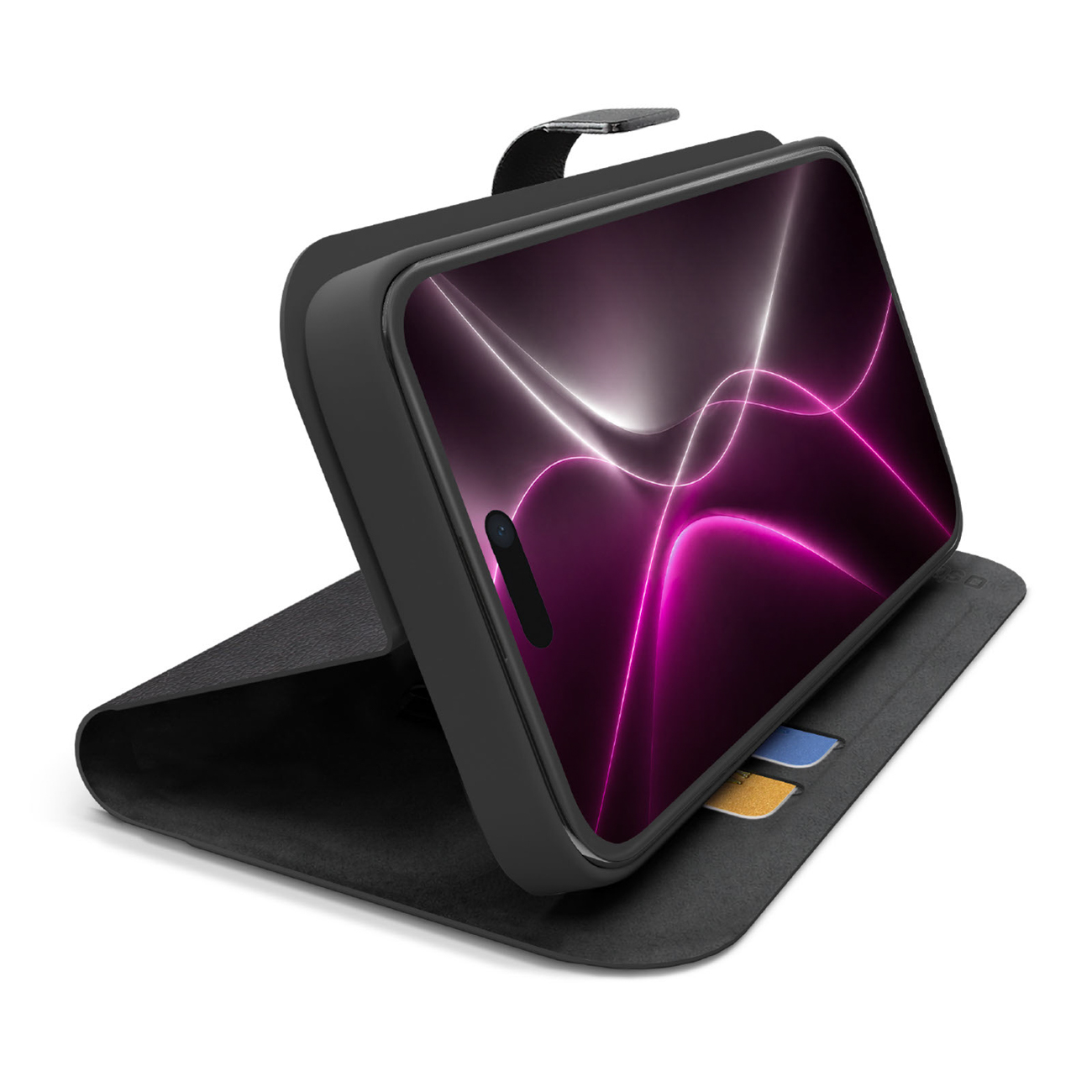 SBS Wallet Smart suojakuori mallille iPhone 18 Pro Max, lompakolla ja jalustalla – musta