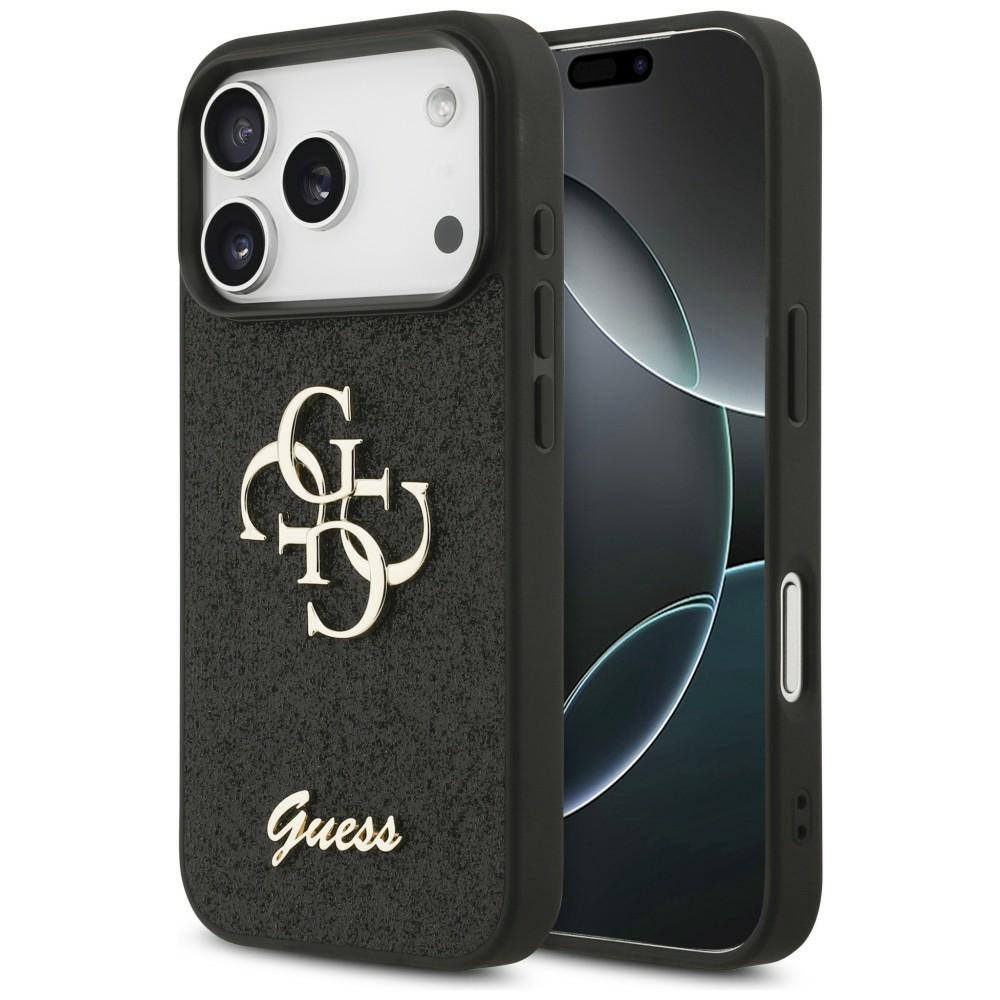 Guess PU Fixed Glitter 4G Metal Logo -kuori Apple iPhone 18 Pro -puhelimelle, musta