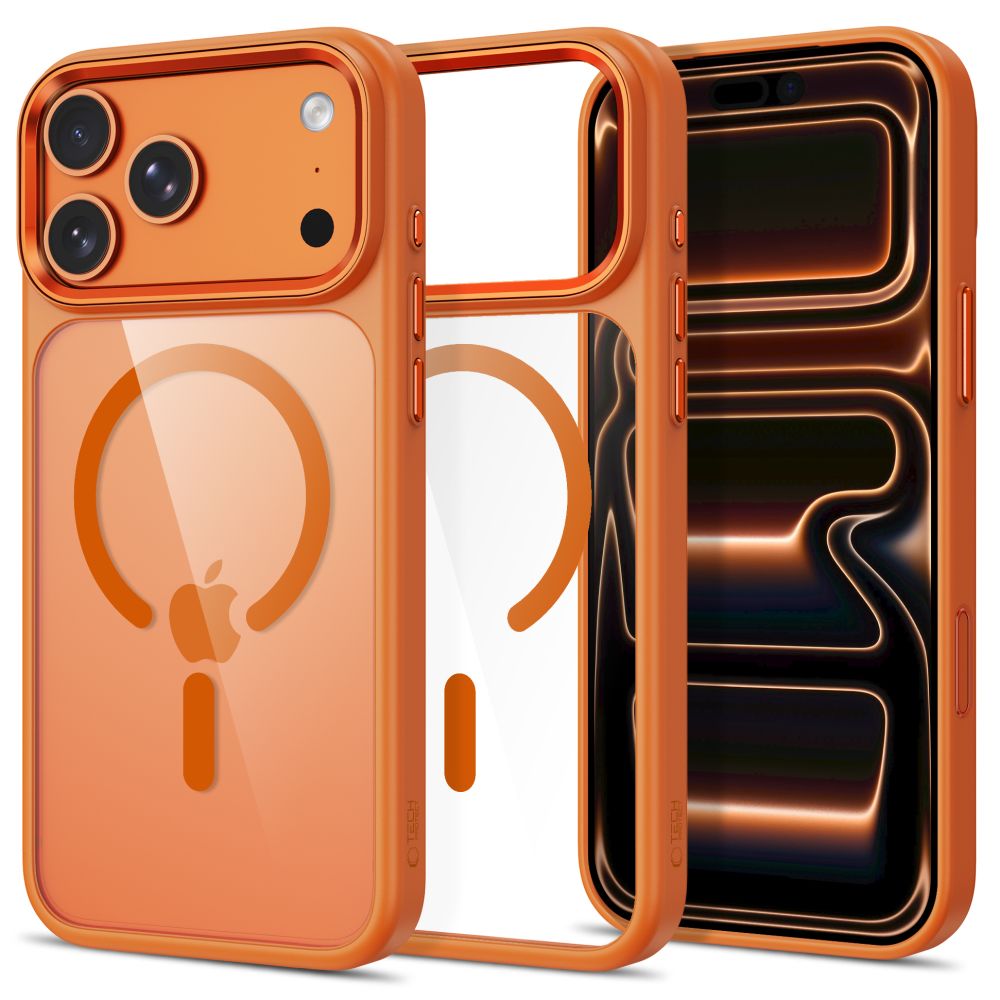 Tech-Protect Magmat MagSafe CC suojakuori mallille iPhone 17 Pro Max / 18 Pro Max – oranssi ja läpinäkyvä
