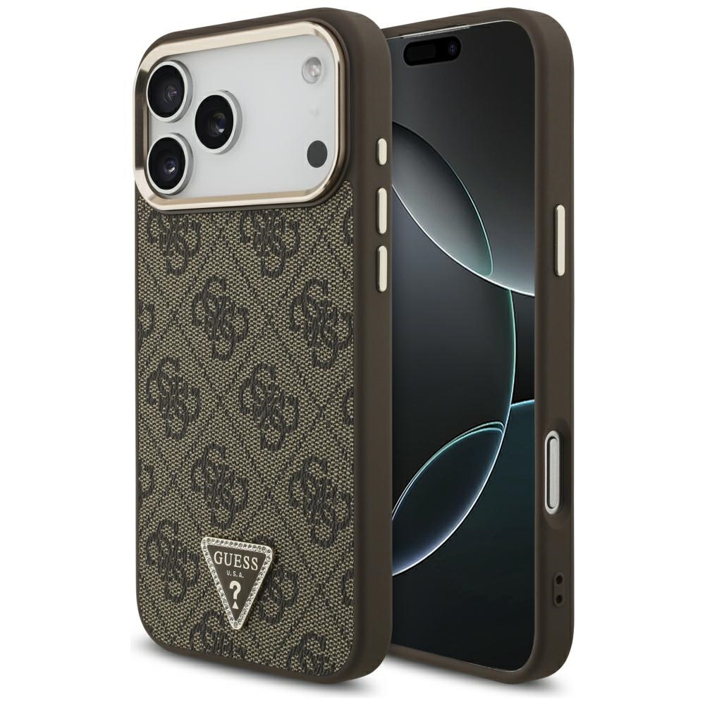Guess PU Leather 4G Strass Triangle Logo Gold Frame MagSafe -kuori Apple iPhone 18 Pro Max -puhelimelle, ruskea
