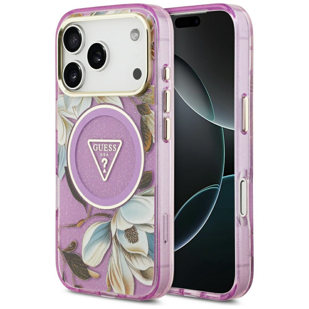 Guess IML Glitter Flowers Triangle MagSafe suojakuori mallille iPhone 17 Pro / 18 Pro – violetti