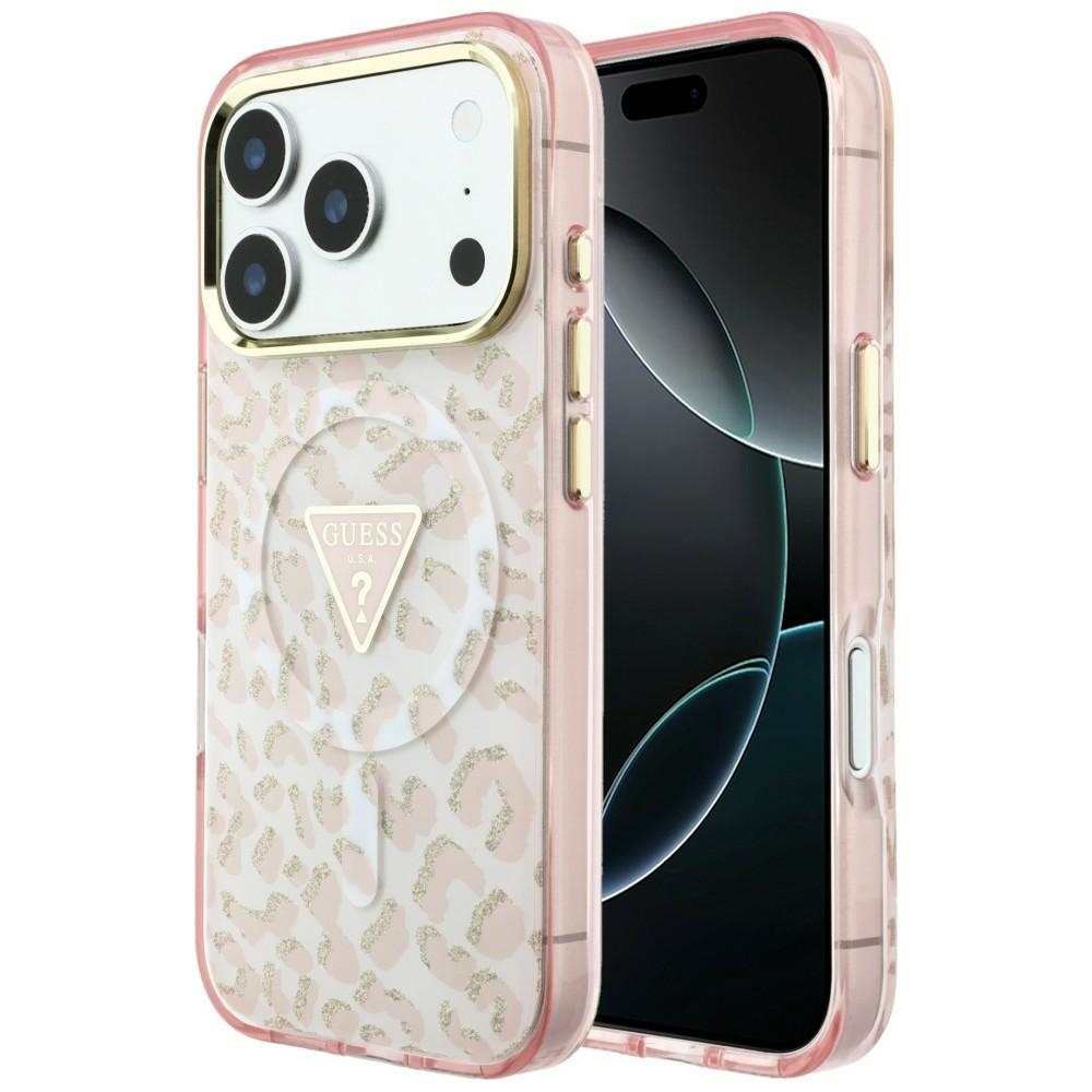 Guess IML Leopard Glitter Triangle Logo MagSafe suojakuori mallille iPhone 17 Pro Max / 18 Pro Max – väri: vaaleanpunainen