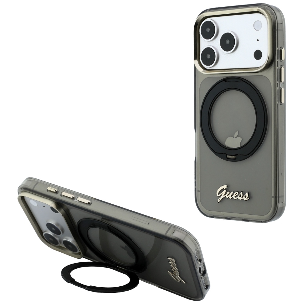 Guess IML Ring Stand 360 Script Metal Logo MagSafe suojakuori mallille iPhone 17 Pro / 18 Pro – musta
