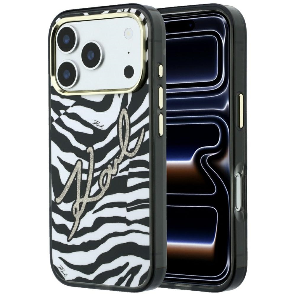 Karl Lagerfeld IML Signature Zebra Glitter MagSafe suojakuori mallille iPhone 17 Pro / 18 Pro – kullanvärinen