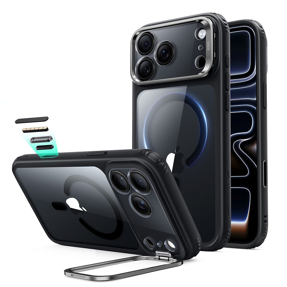 ESR Classic Hybrid Kickstand MagSafe suojakuori malleille iPhone 18 Pro / 17 Pro, läpinäkyvä musta