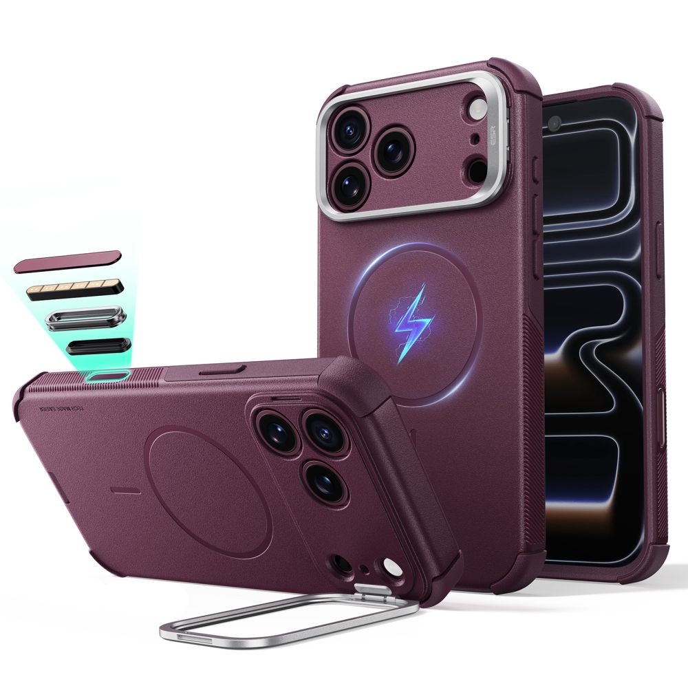 ESR Cyber Tough Kickstand MagSafe suojakuori malleille iPhone 18 Pro Max / 17 Pro Max, tumma kirsikanvärinen
