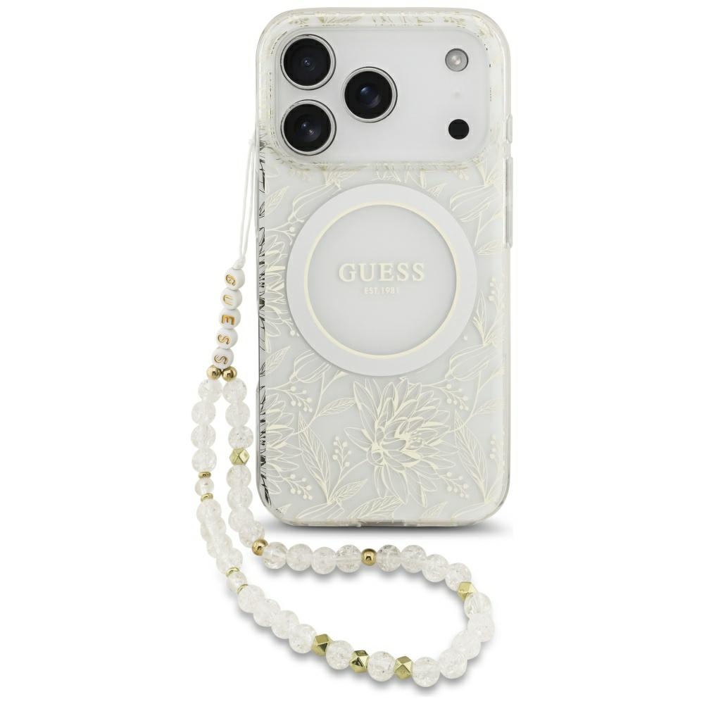 Guess IML Flowers Allover Electroplated MagSafe suojakuori helminauhalla mallille iPhone 18 Pro / 17 Pro – väri: valkoinen