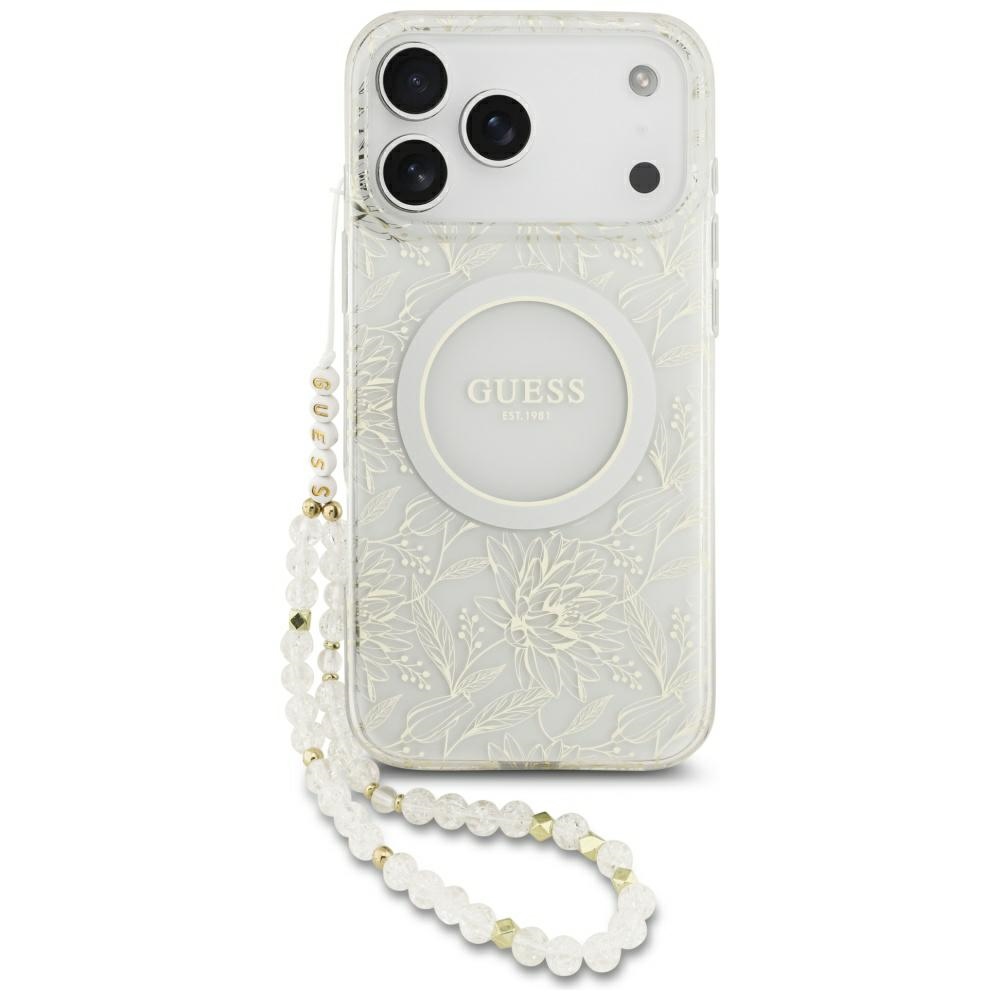 Guess IML kukkakuvioinen, metallipinnoitettu MagSafe-suojakuori helmirannekkeella iPhone 18 Pro Max / 17 Pro Max -malleille, valkoinen
