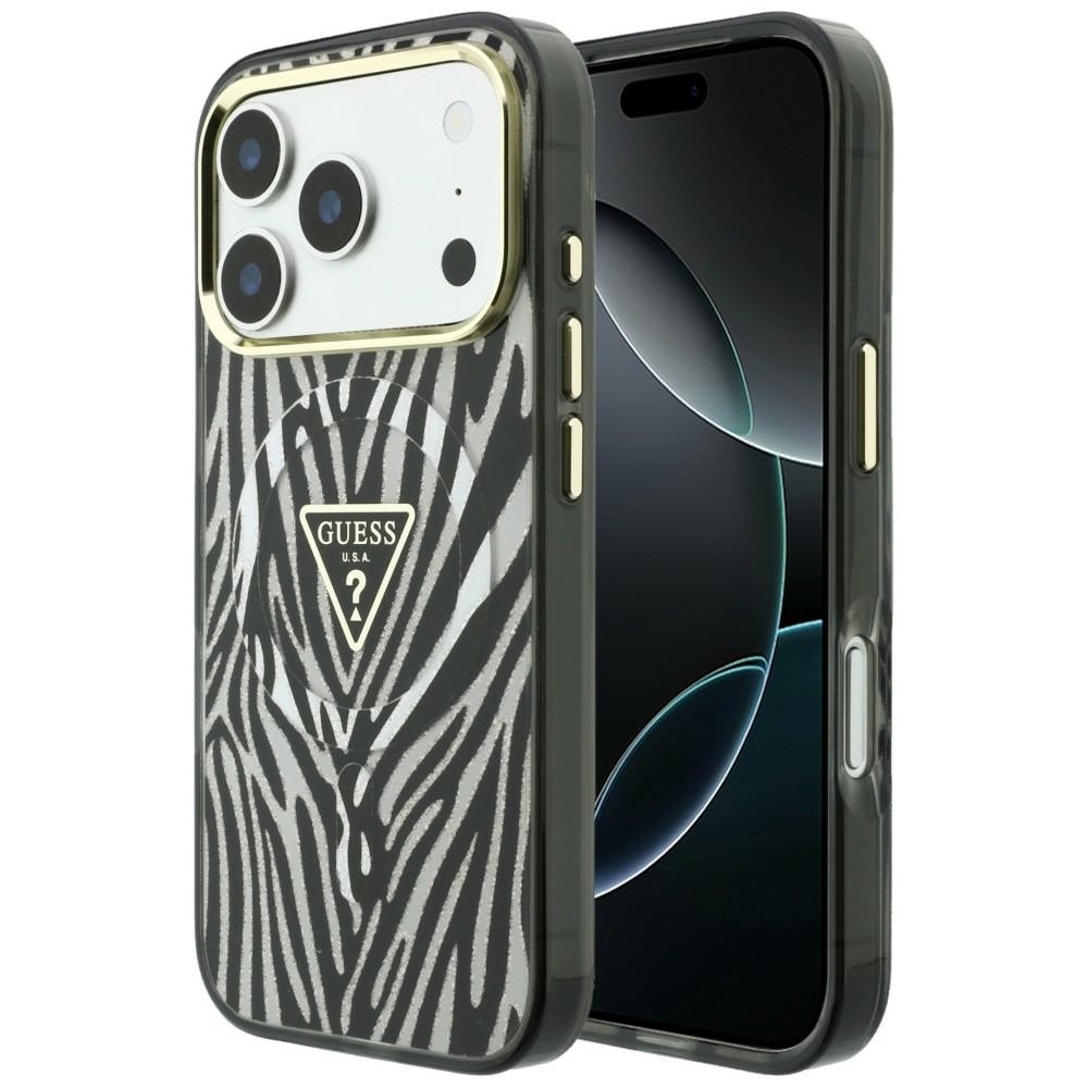 Guess IML Zebra Glitter Triangle Logo MagSafe suojakuori mallille iPhone 18 Pro / 17 Pro – väri: hopea