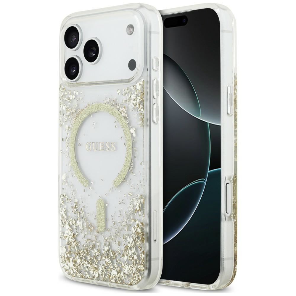 Guess Resin Bottom Glitter MagSafe suojakuori malleille iPhone 18 Pro Max / 17 Pro Max, kultainen