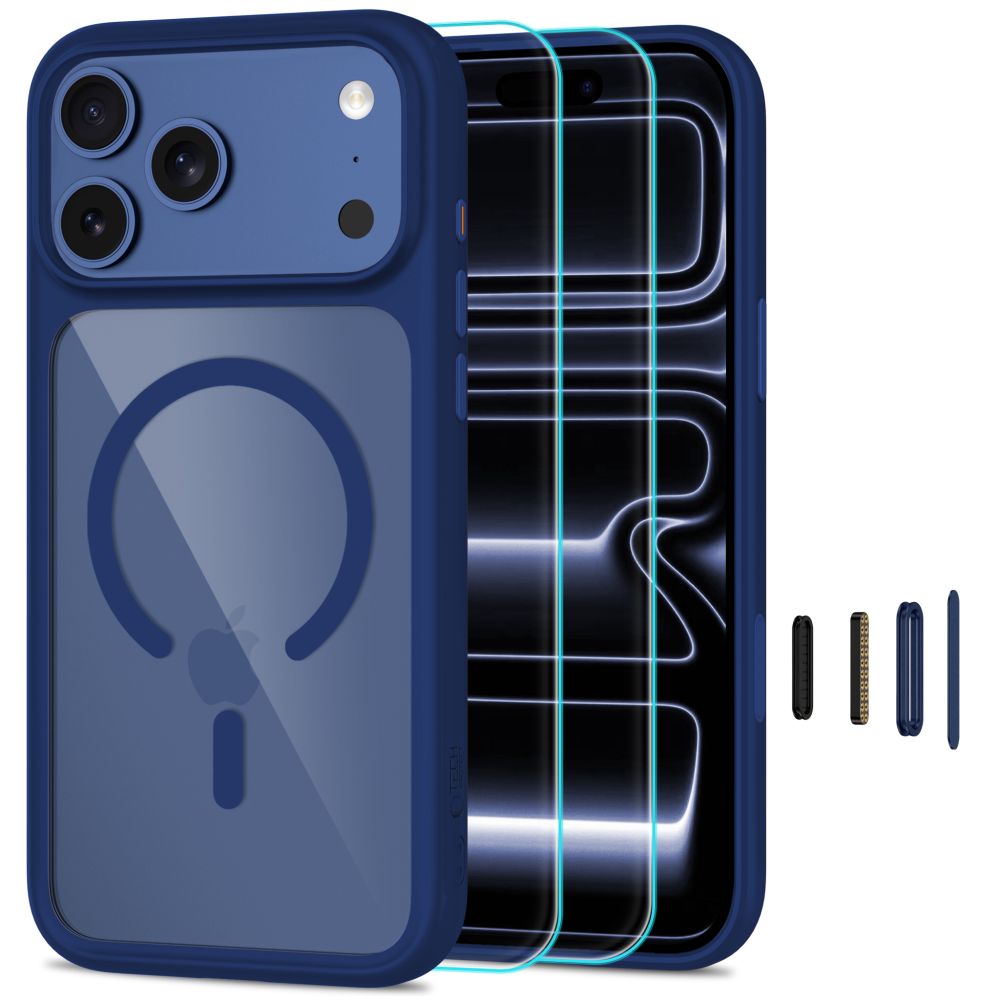 Tech-Protect MagOne MagSafe CC suojakuori ja 2 kpl karkaistuja laseja malleille iPhone 18 Pro Max / 17 Pro Max, läpinäkyvä tummansininen