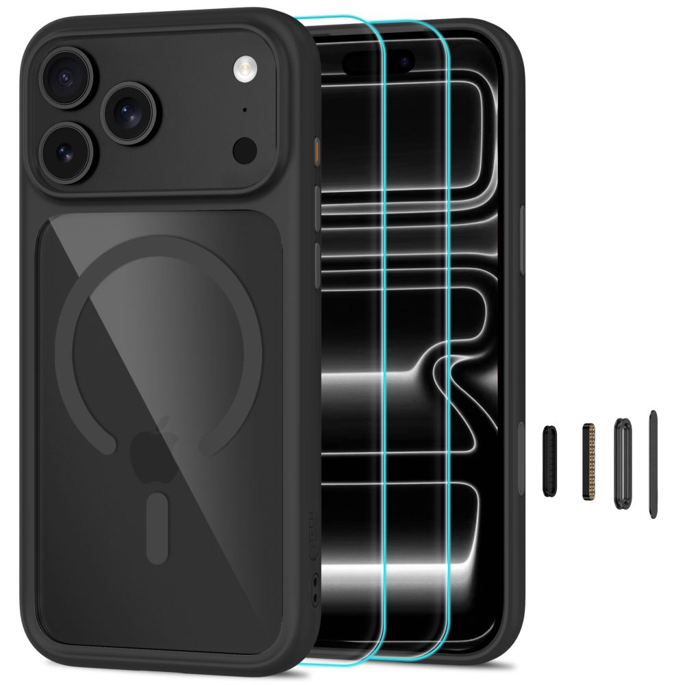 Tech-Protect MagOne CC MagSafe suojakuori ja 2 kpl karkaistuja laseja malleille iPhone 18 Pro Max / 17 Pro Max, läpinäkyvä musta