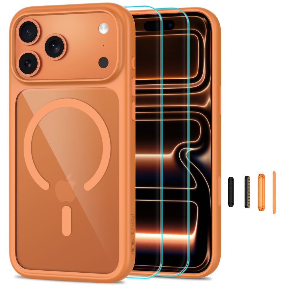 Tech-Protect MagOne CC MagSafe suojakuori ja 2 kpl karkaistuja laseja malleille iPhone 18 Pro Max / 17 Pro Max, läpinäkyvä oranssi