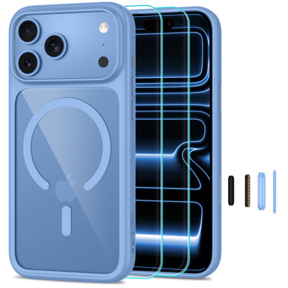 Tech-Protect MagOne CC MagSafe suojakuori ja 2 kpl karkaistuja laseja malleille iPhone 18 Pro Max / 17 Pro Max, läpinäkyvä sininen