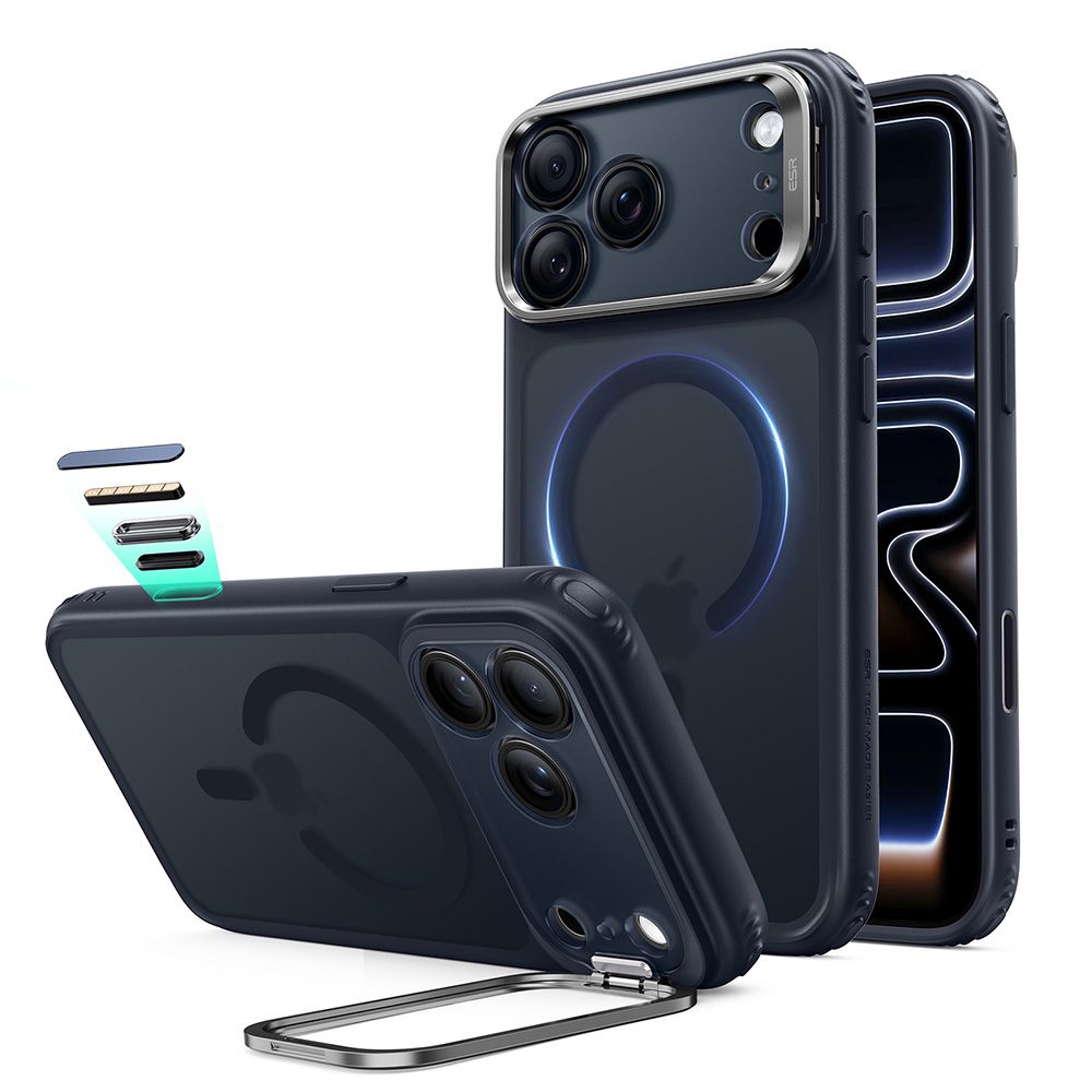 ESR Classic Hybrid MagSafe -suojakuori telineellä iPhone 18 Pro / 17 Pro -malleille, tummansininen