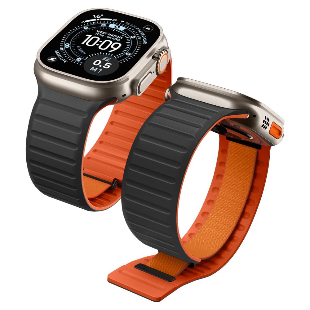 Spigen Athlex Air M -ranneke Apple Watch 44/45/46/49 mm -malleille, musta ja oranssi