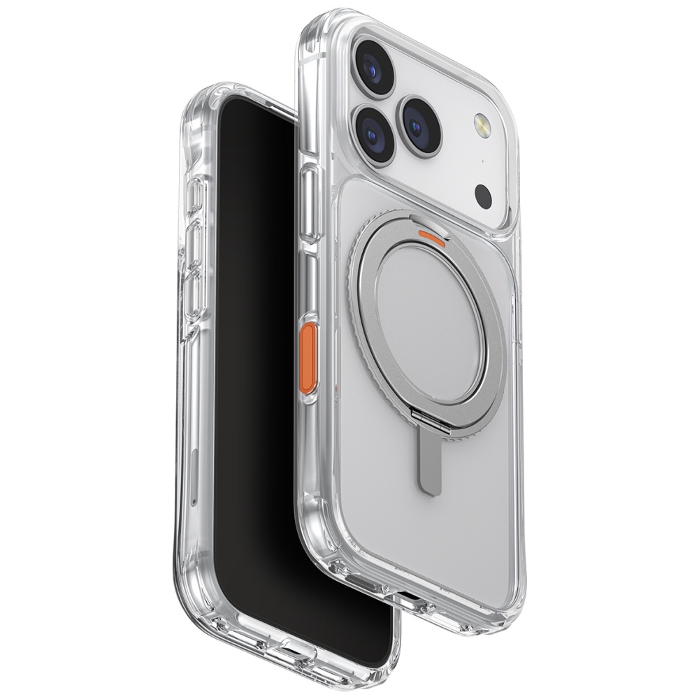 Uniq Swivix -suojakuori iPhone 17 Pro:lle 360° kääntyvällä jalustalla – läpinäkyvä