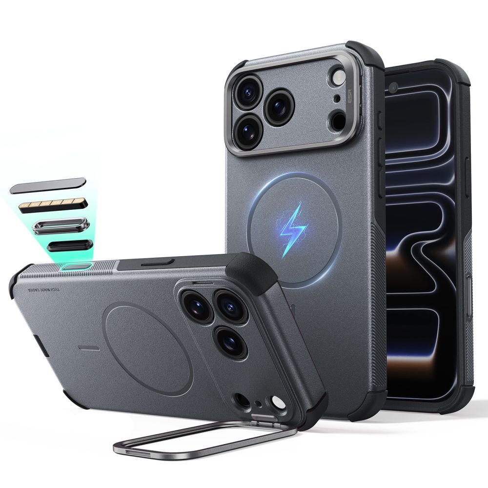 ESR Cyber Tough MagSafe -suojakuori telineellä iPhone 18 Pro Max / 17 Pro Max -malleille, harmaa