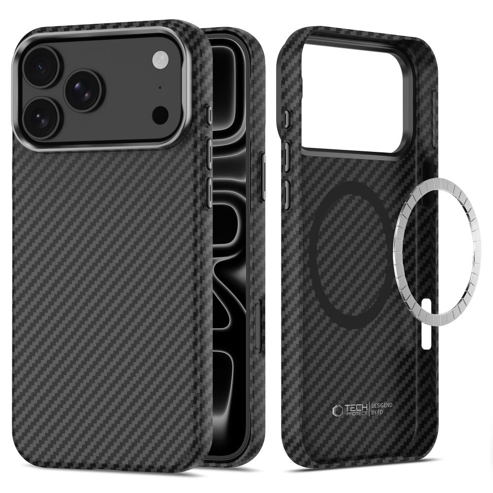 Tech-Protect Ion Carbon MagSafe -suojakuori iPhone 18 Pro / 17 Pro – musta-hopea
