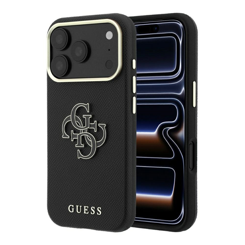 Guess Grained & Big Resin Logo -suojakuori iPhone 18 Pro Max / 17 Pro Max – musta